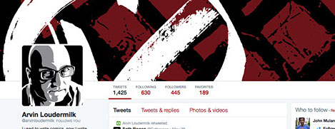Arvin Loudermilk Twitter header. Red and black graphic background with white V and circle. Author's graphic portrait in the corner.
