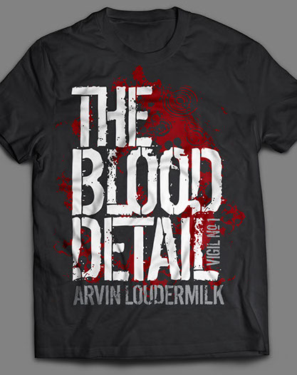 Black wrinkled t-shirt on a dark grey background. Red blood splatters image with large white title.