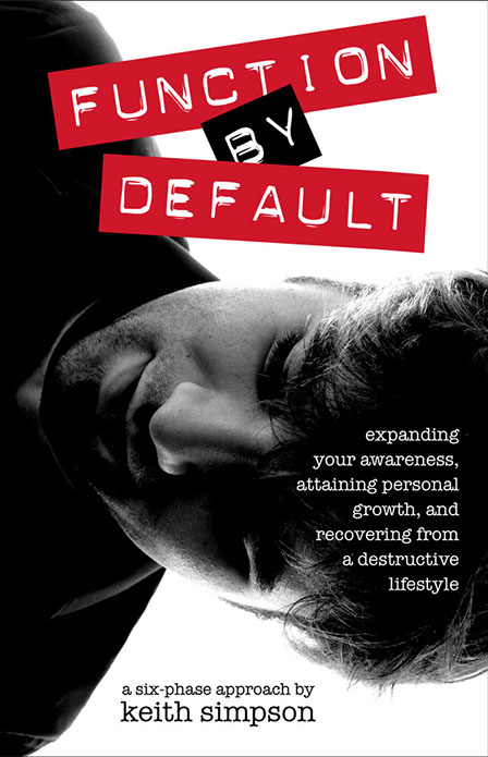 Book cover of "Function by Default". Red label maker font for title, sideways black and photo of man's face.