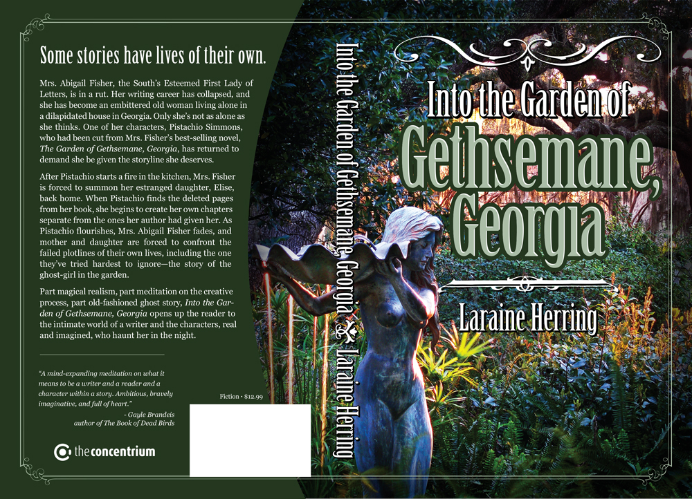 Wrap around cover for "Into the Garden of Gethsemane, Georgia". Victorian framing graphics over a photo of lush Southern garden.