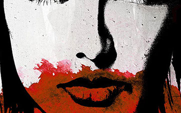 Book cover of "Vigil". White, distressed type over a graphic woman's face with red eyes. A blood pool is overlaying her mouth.