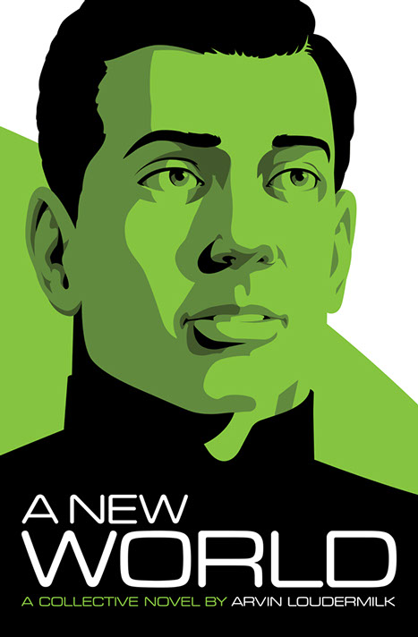 Book cover of "A New World". Bright green background with graphic portrait of handsome man's face, smiling