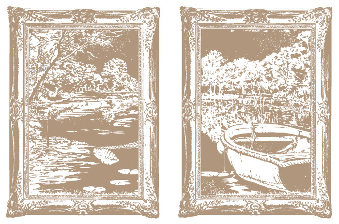 Framed sepia illustrations of swamp.