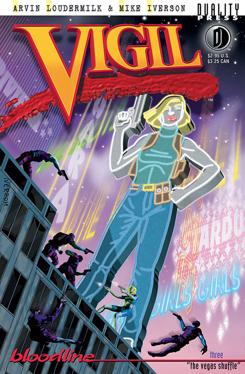 Vigil comic book digital cover. Large neon sign woman holding gun on top of building. Small figures in a gunfight below it. Neon signage montage