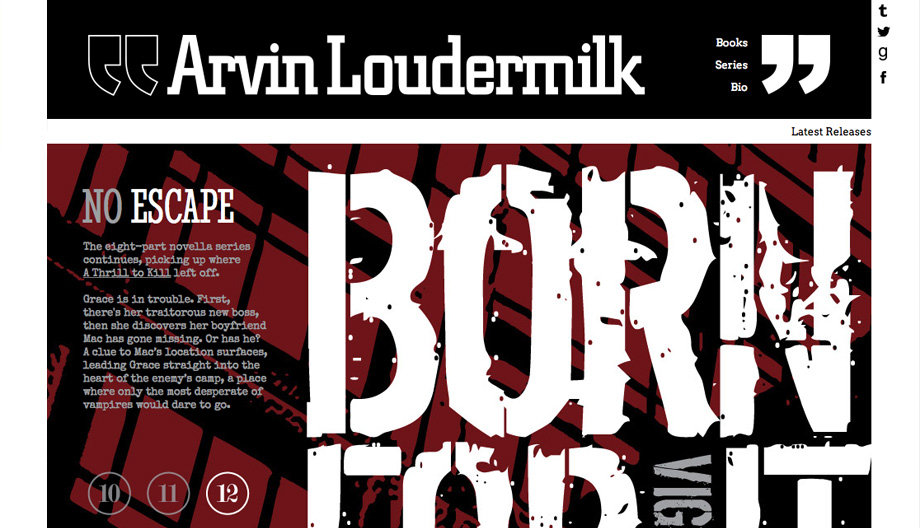 Screen capture of Arvinloudermilk.com home page. Black bar with white logotype at top, read and black ad space below.