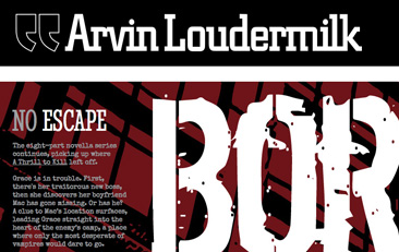 Close-up of arvinloudermilk.com home page. Black header bar with white logotype. Ad space is red textured background with white type